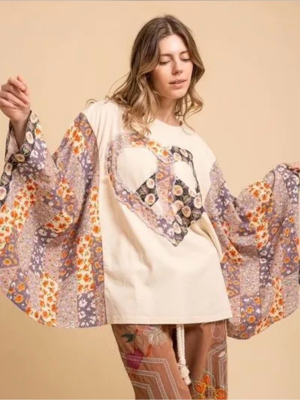Blue Velvet Boho Floral Patchwork Heart Sleeve Top - Cream & Lavender